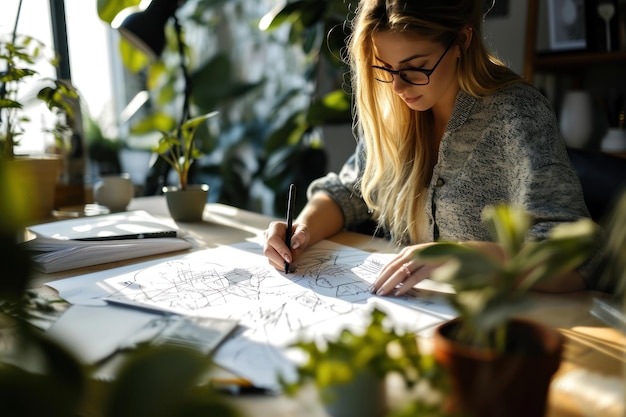 Mujer dibujando un plan de negocios en una oficina creativa