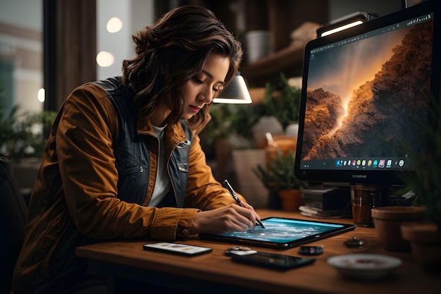 Una mujer dibujando en su tableta.