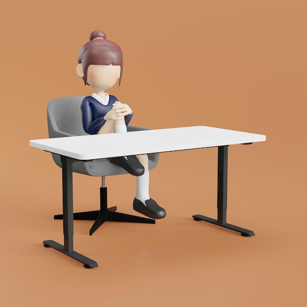 Mujer de dibujos animados en 3D sentada en una silla con ilustración de portátil aislada en fondo blanco