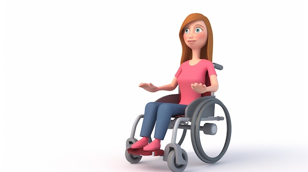 Mujer de dibujos animados en 3D sentada en silla de ruedas