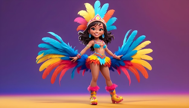 una mujer de dibujos animados con un colorido traje de carnaval y plumas en él
