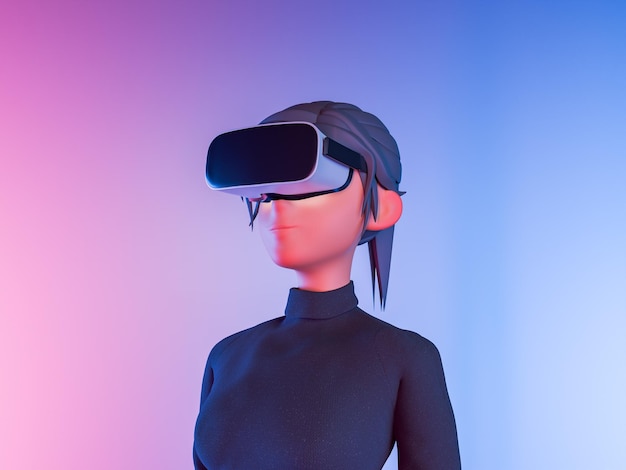 Foto mujer de dibujos animados experimentando la realidad virtual con fondo de neón