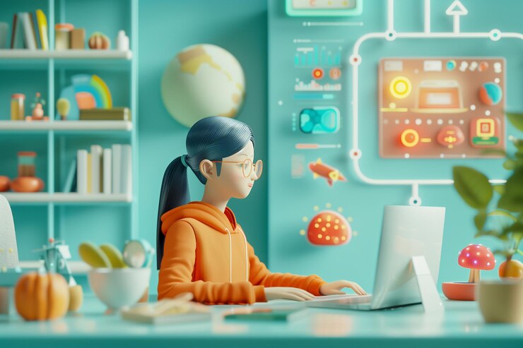 Foto mujer de dibujos animados preparando una lección en la computadora en la oficina de creatividad moderna futurista educación