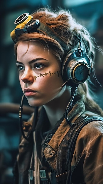 Una mujer dieselpunk con auriculares