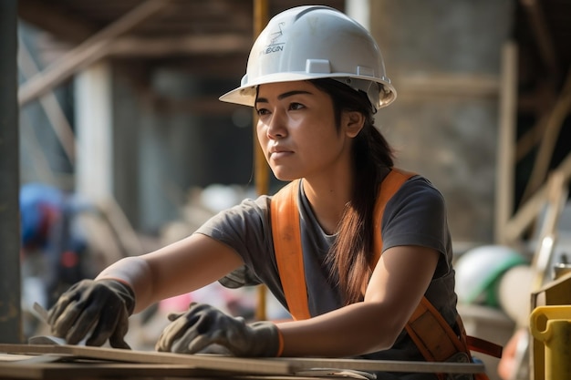 Mujer diligente en el sitio de construcción abrazando el trabajo de construcción Ai generativo