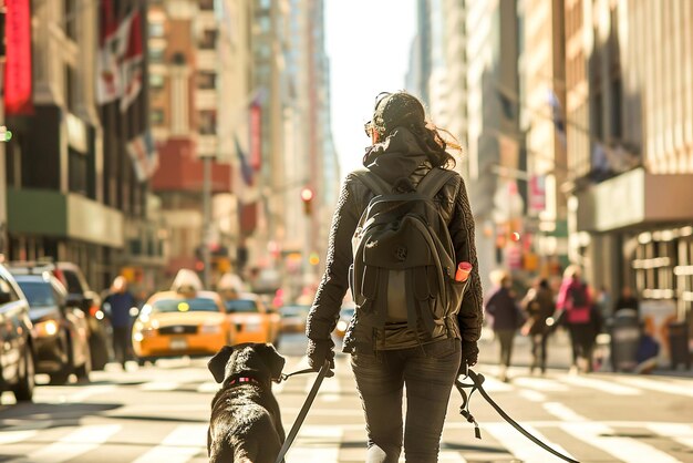 Una mujer con discapacidad visual navega por una bulliciosa calle de la ciudad con la ayuda de su perro guía que muestra