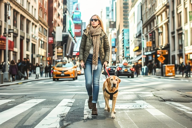 Una mujer con discapacidad visual navega por una bulliciosa calle de la ciudad con la ayuda de su perro guía que muestra