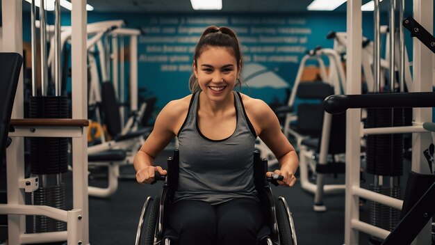 Mujer discapacitada entrenando en el gimnasio del centro de rehabilitación