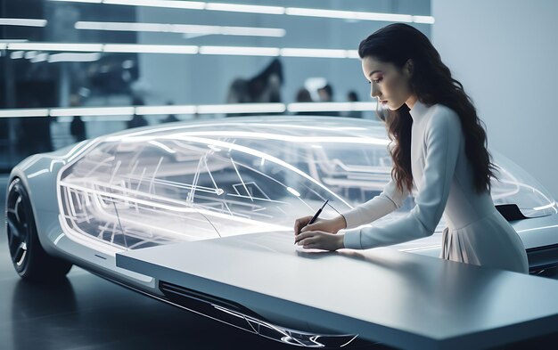 Foto mujer diseñador coche mano dibujar a bordo