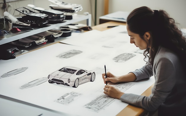 Foto mujer diseñador coche mano dibujar a bordo