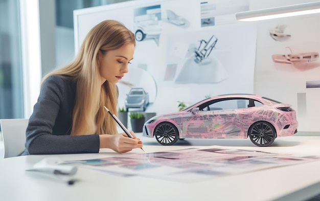 Foto mujer diseñador coche mano dibujar a bordo