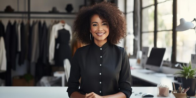 Mujer y diseñador de ropa retrato con visión de negocio