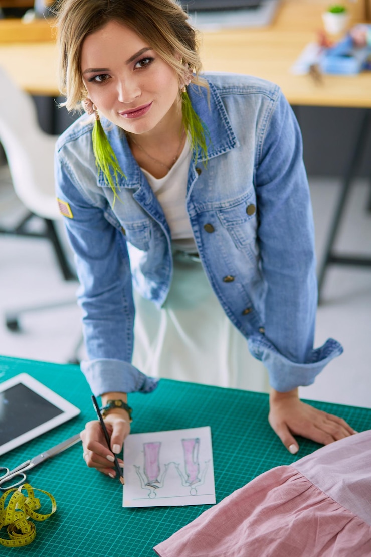 Foto mujer diseñadora de moda trabajando en sus diseños en el estudio