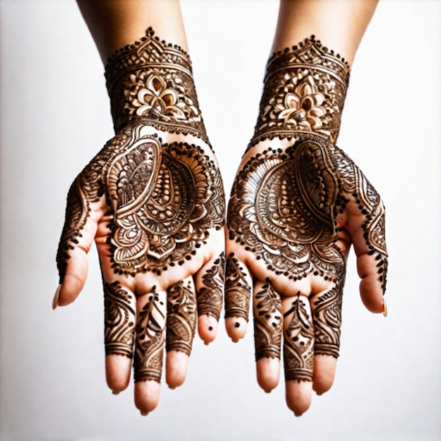 una mujer con diseño de mehndi de novia en fondo blanco