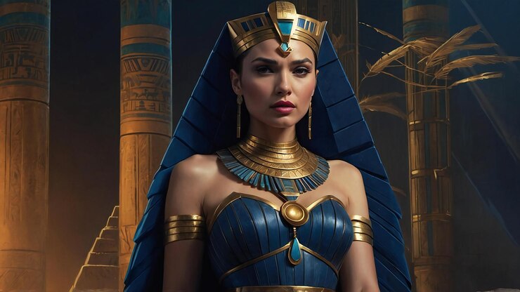 una mujer en un disfraz azul con un diseño azul y dorado en el frente