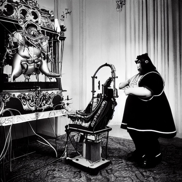 Una mujer con un disfraz está de pie frente a una máquina que dice "la palabra" en ella.
