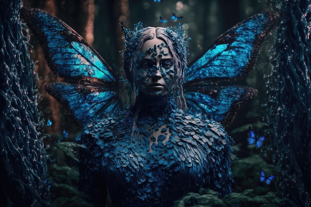 Una mujer con un disfraz de mariposa azul en el bosque.