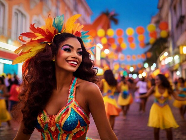 una mujer en un disfraz con un sombrero colorido en él