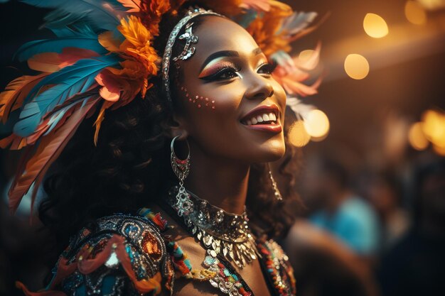 Mujer disfrazada bailando en el Carnaval del Caribe de Toronto, anteriormente llamado Caribana, un festival de cultura y tradiciones caribeñas que se celebra cada verano.