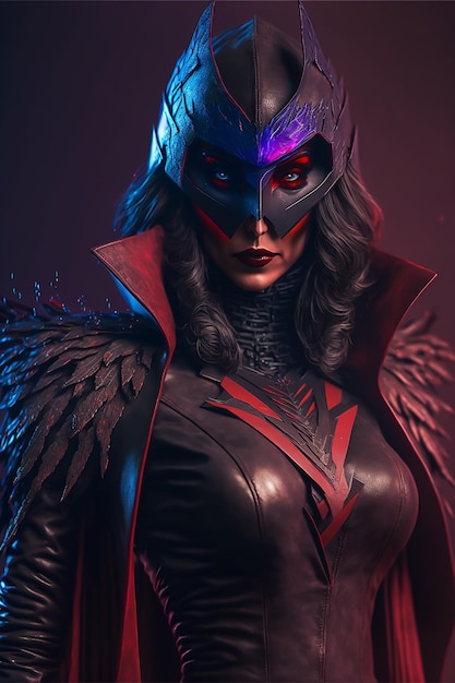 Una mujer disfrazada con la cara roja y plumas negras.