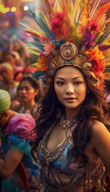 Una mujer disfrazada de carnaval se para frente a una multitud.