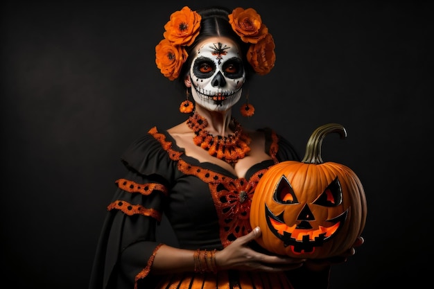 una mujer disfrazada de halloween sosteniendo una calabaza