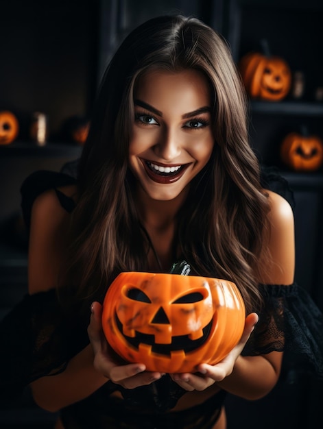 Mujer disfrazada de Halloween sosteniendo un plato de dulces con una sonrisa traviesa