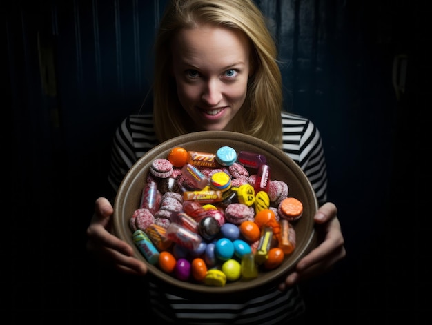 Foto mujer disfrazada de halloween sosteniendo un plato de dulces con una sonrisa traviesa