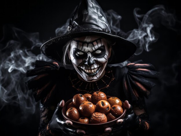 Mujer disfrazada de Halloween sosteniendo un plato de dulces con una sonrisa traviesa