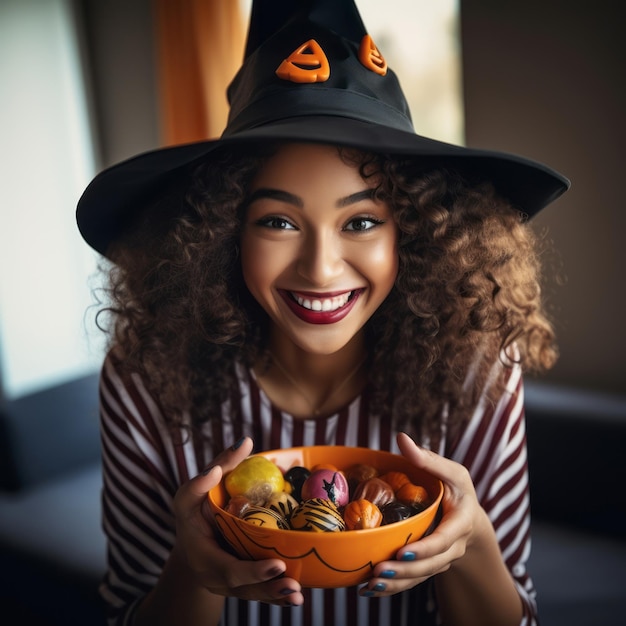 Foto mujer disfrazada de halloween sosteniendo un plato de dulces con una sonrisa traviesa