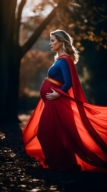 Foto una mujer disfrazada de superman posa en el bosque