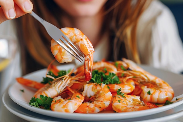 La mujer disfruta de los camarones hervidos.