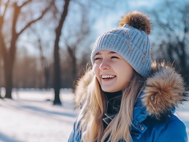 La mujer disfruta en el día de invierno en una pose emocional y juguetona