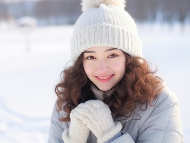 La mujer disfruta en el día de invierno en una pose emocional y juguetona