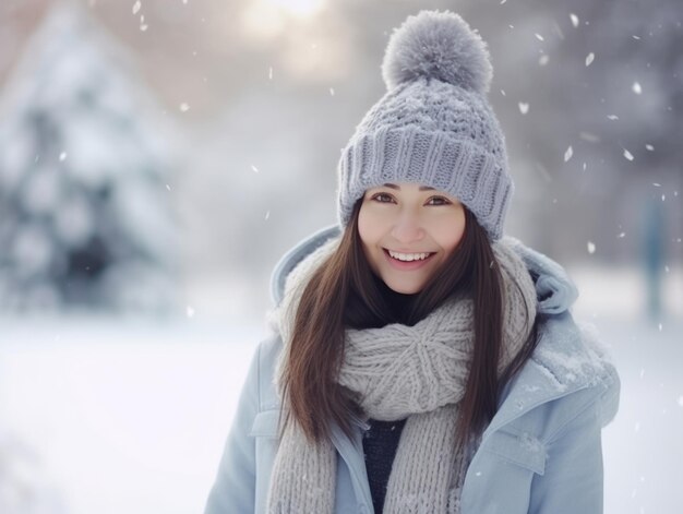 La mujer disfruta en el día de invierno en una pose emocional y juguetona