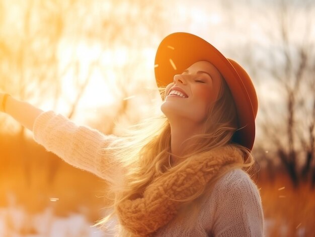 La mujer disfruta en el día de invierno en una pose emocional y juguetona