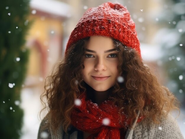 La mujer disfruta en el día de invierno en una pose emocional y juguetona