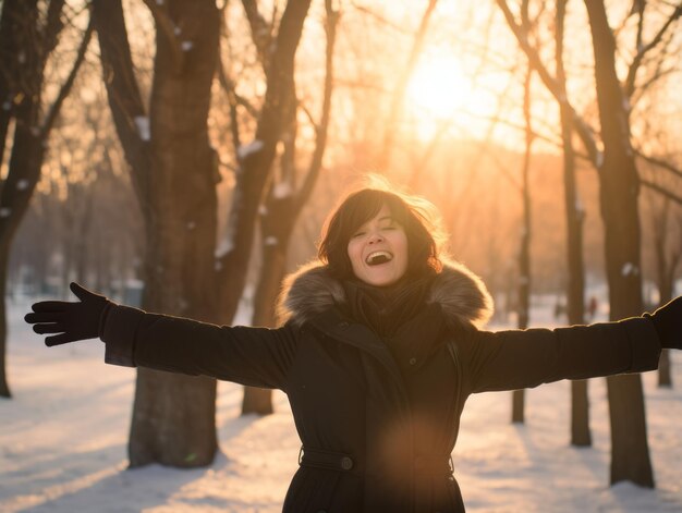 La mujer disfruta en el día de invierno en una pose emocional y juguetona