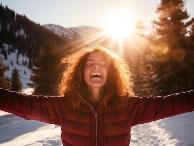 La mujer disfruta en el día de invierno en una pose emocional y juguetona