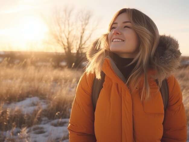 La mujer disfruta en el día de invierno en una pose emocional y juguetona