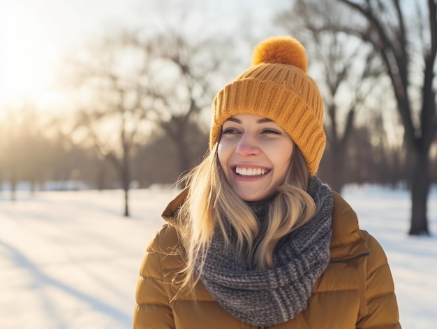 La mujer disfruta en el día de invierno en una pose emocional y juguetona