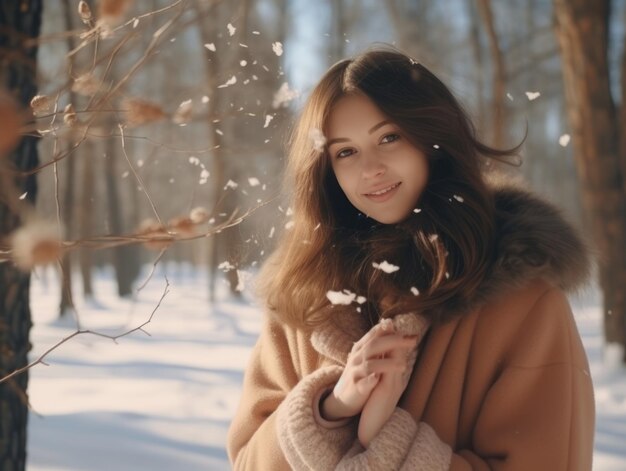 La mujer disfruta en el día de invierno en una pose emocional y juguetona