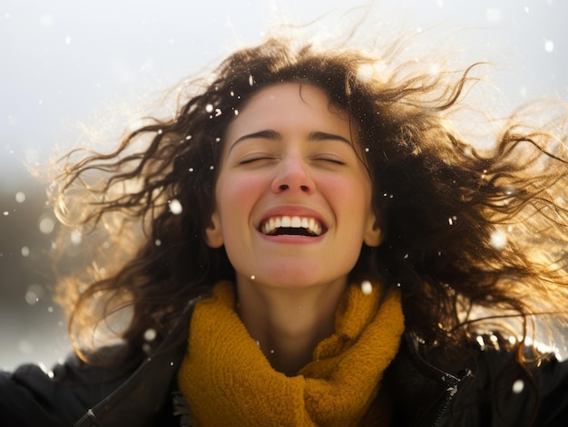 Foto la mujer disfruta en el día de invierno en una pose emocional y juguetona