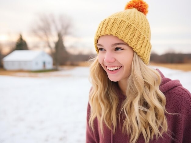 La mujer disfruta en el día de invierno en una pose emocional y juguetona