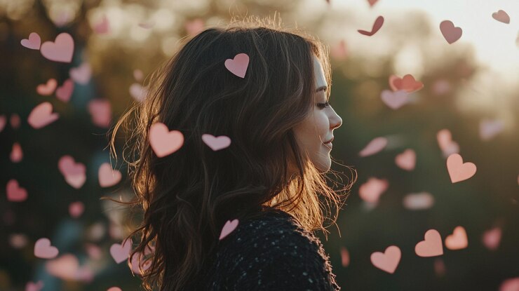 Una mujer disfruta de un momento romántico rodeada de corazones flotantes en el Día de San Valentín al atardecer