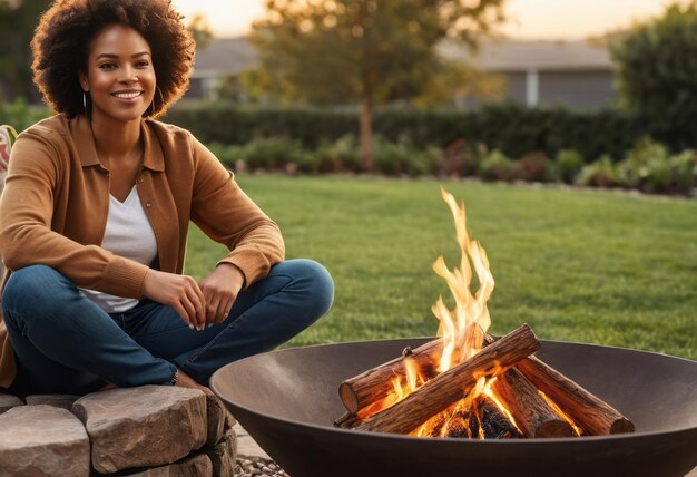 Una mujer disfruta de la relajación junto a una fogata al aire libre. Ella está sentada y sonriendo tomando el sol en el resplandor de la noche.