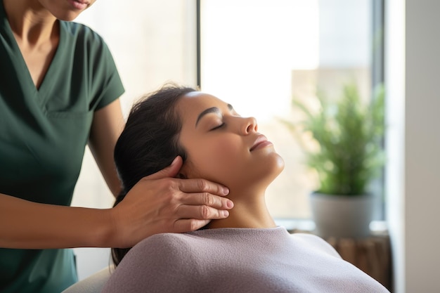 Una mujer disfruta de un relajante masaje en la cabeza en un tranquilo spa que promueve la relajación y alivia el estrés Mujer que recibe terapia de hombro por parte de un fisioterapeuta generado por IA