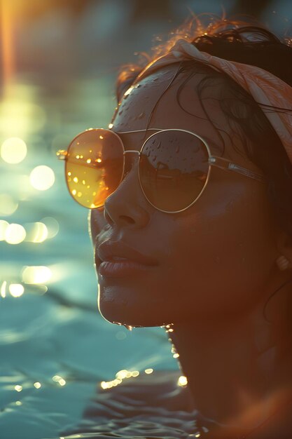 Una mujer disfruta del verano junto a la piscina brillando con salud y felicidad Concepto Al lado de la piscina diversión verano brillo felicidad salud besada por el sol belleza