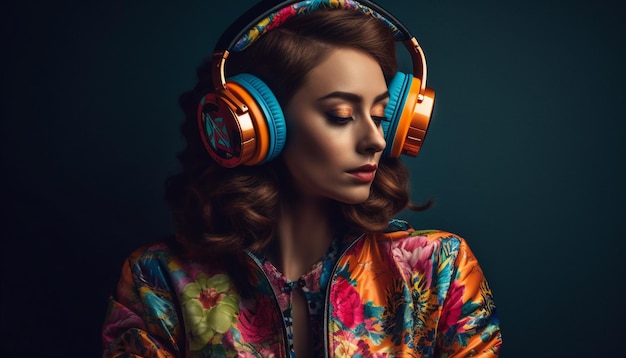 Una mujer disfruta de la vida nocturna escuchando con auriculares generados por IA