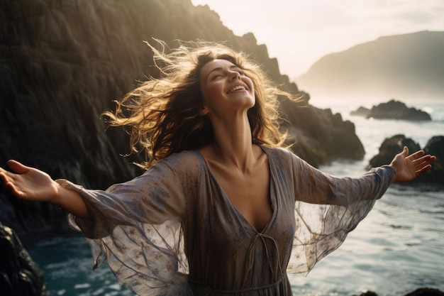Foto una mujer disfrutando del aire fresco en la costa del mar